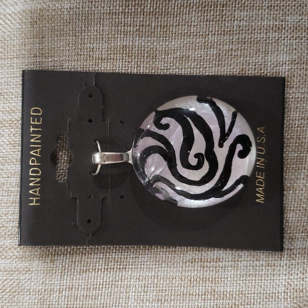 Handpainted Oval Silver and Black Swirl Pendant